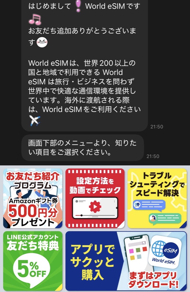 eSIMのLINEサポート画面の例。設定方法やトラブル相談のメニューが並ぶ